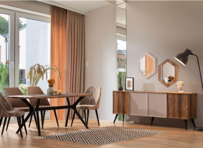 Brown Modern Dining Room Set Sideboard Wood Dining Table 2x Mirror 8-piece